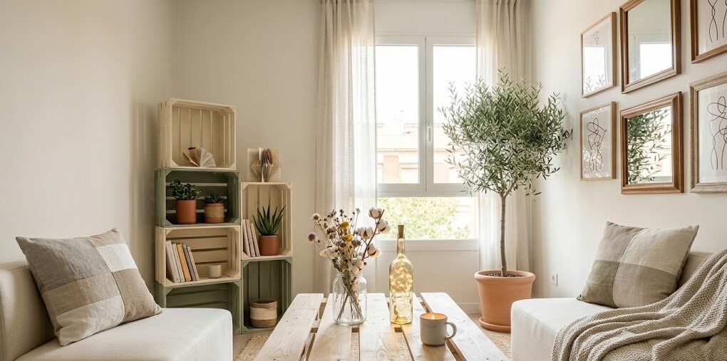 decoración de una sala pequeña con materiales reciclados